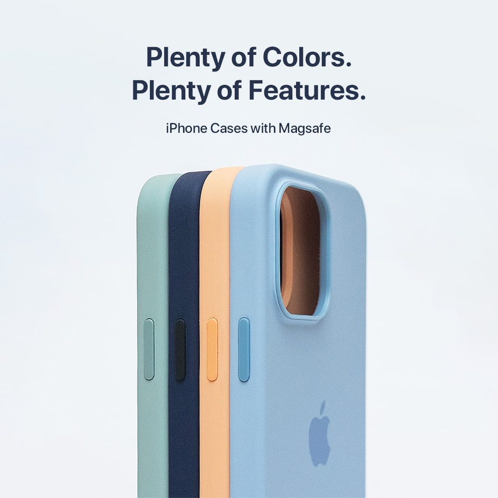 Several MaxPureCases silicone iPhone cases in different colors, standing in a row