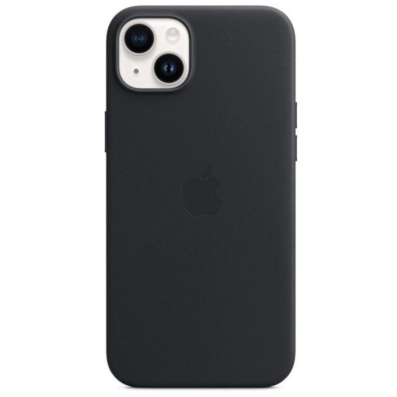 MaxPureCases leather MagSafe iPhone case in midnight black with the Apple logo embossed