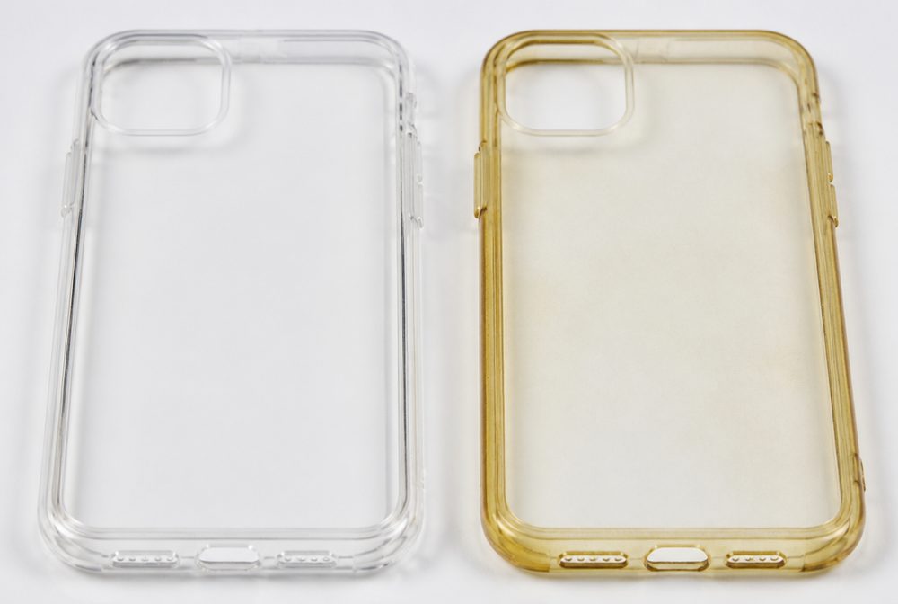 A crystal-clear case next to a yellowed clear case, showing the difference over time